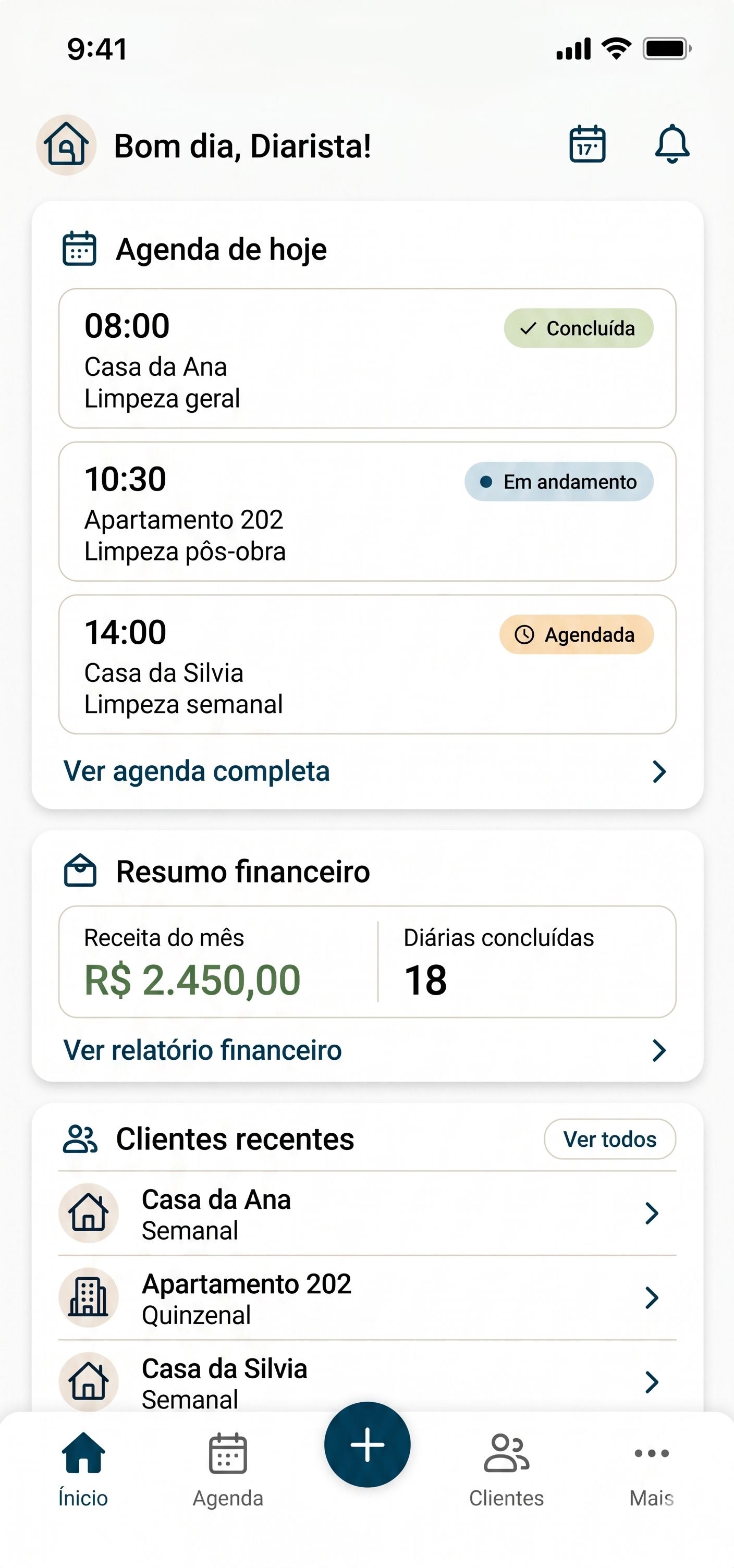 Tela de agenda de diárias do HelpDiarista
