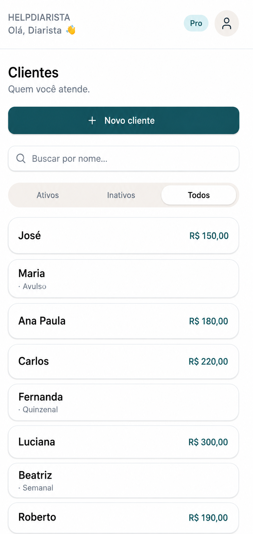 Tela de clientes do HelpDiarista