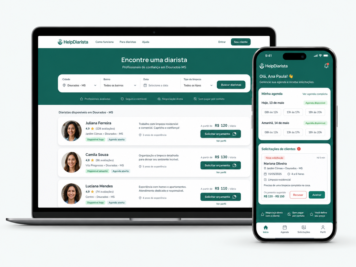 Mockup da futura plataforma HelpDiarista para encontrar diaristas e receber solicitações de clientes